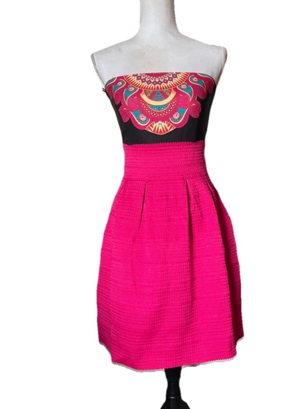 NYC Strapless Hot Pink Fit-and-Flare Dress with Printed Bodice